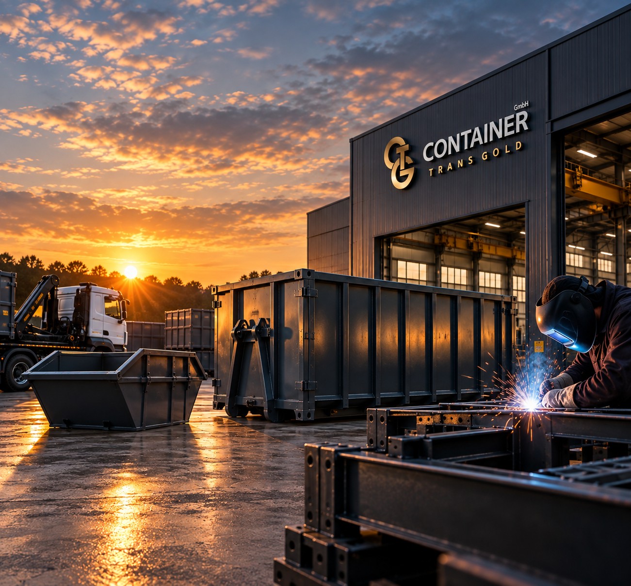 CTG Container Trans Gold – Werksgelände mit Abrollcontainern und Schweißarbeiten